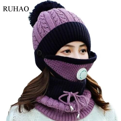 RUHAO 2019 New Women Knitted Hats Set Scarf Autumn Winter Fur Pompom Hats for Women Ladies Beanie Warm Cycling Ski Hats