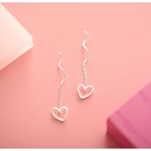 925 Sterling Silver Long Heart Shape Drop Earrings For Women Simple Earring Link Chain Jewelry eh150