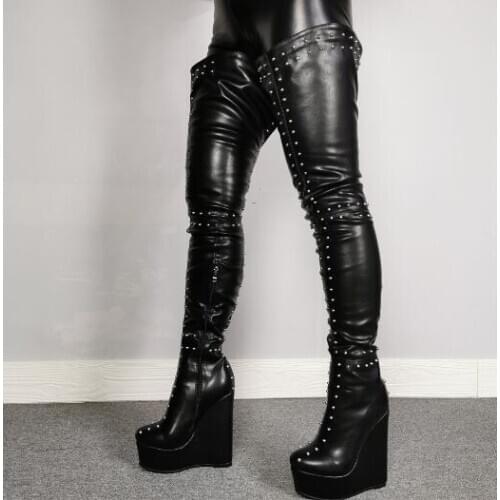 Linamong Black Matte Leather Rivets Thigh High Boots Woman Round Toe Studded Platform Wedges Over the Knee Long Boots