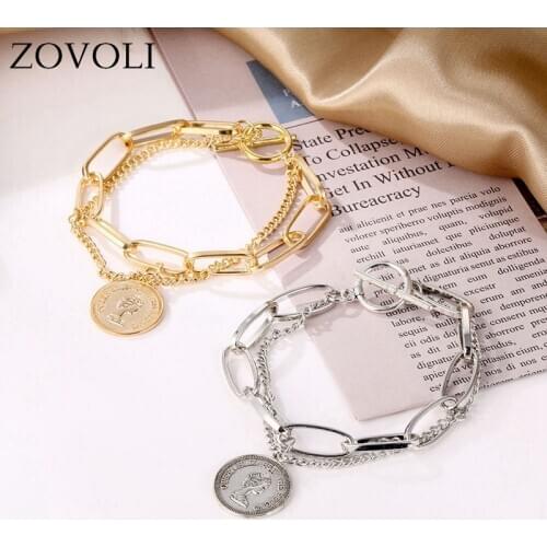 ZOVOLI Punk Bracelets Carved Coin Head Bracelet Bangle Bohemian Circle Queen Thick Chain Tassel Pendant Bracelet Women Jewelry