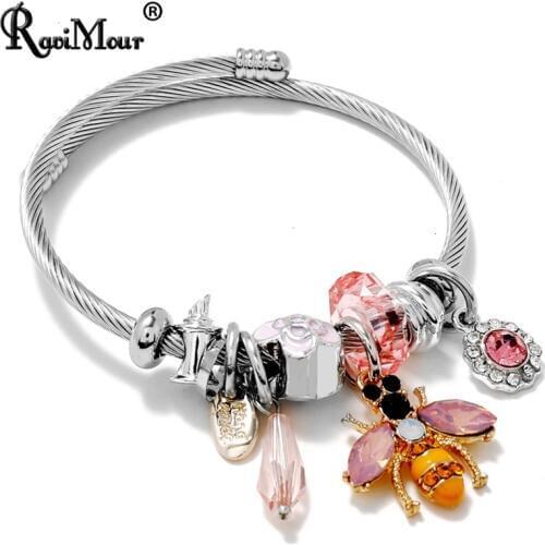 Fashion Crystal Bee Charm Bangle Bracelet Women Accessories Enamel Flower Bead Stainless Steel Jewelry Cuff Bracelets