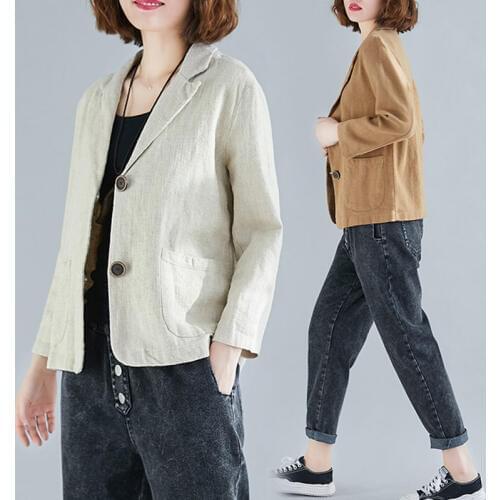 Spring Summer Short Coat Cotton and linen Blazer Suit Collar Jacket Womens Casual Solid Color 3/4 Sleeves Shirt Plus Size f2879