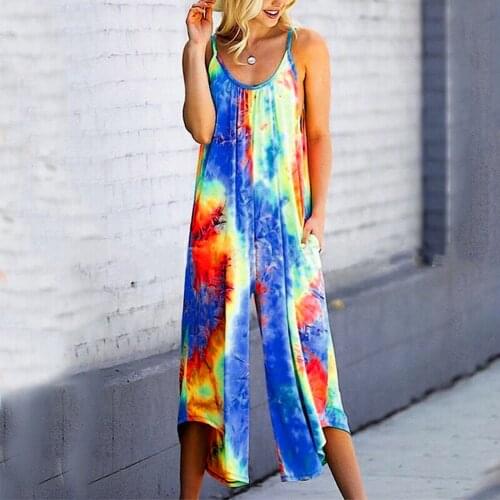 Spaghetti Strap Beach Boho Tie-dye Print Romper Women Sling Sleeveless Jumpsuits Long Loose Tunic Plauysuit New