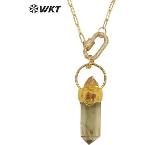 WT-N1273 Unique gold electroplated yellow crystal stone big pendant necklace women Chunky Citrines raw stone necklace
