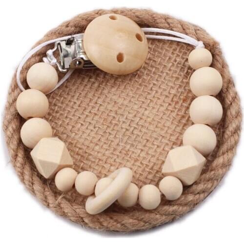 10Pcs Baby Pacifier Chain Crude Wooden Geometric Food Grade Beads Teether Tiny Rod Dummy Clips Newborn Boy Girl Pacifier Holder