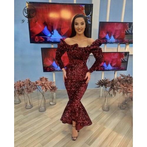 2021 Fashion Prom Dresses Burgundy Illusion O Neck Ruffled Long Sleeve Sequin Lace High Low Vestidos De Formature