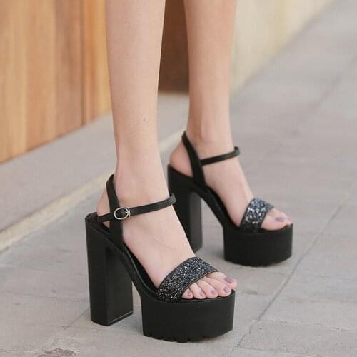 2021 New Black Leather Women Platform Sandals Open Toe Buckle Strap Chunky High Heels Ladies Party Shoes Woman Gladiator Sandals