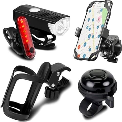 5pcs Bike USB Rechargeable Front Tail Light Water Bottle Holder Cage Silicone Bike Phone Holder Bike Horn Bell Bicycle Combo Set