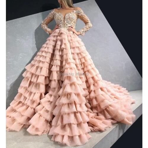2020 Long Sleeves Ball Gown Evening Dress Floor-Length Applique Beaded Prom Dress Formal Middle East Arabia Robe De Soiree Aibye