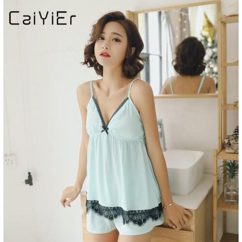 CAIYIER New 2021 Green Sexy Silk Pajamas Set Sleeveleess Strap Shorts Sleepwear Summer V-Neck Lace Ladies Nightwear Home Suit