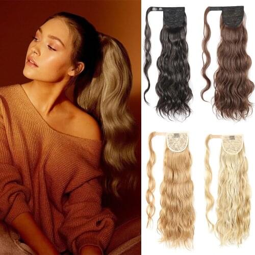 Long 24'' Hollywood Wave Ponytail Wrap Around Synthetic Extension Body Clip in Hairpiece Blonde Wave Pony For Women