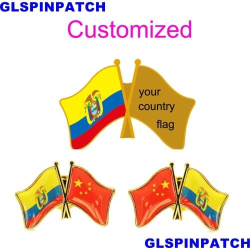 Ecuador Crossed Friendship Flag Double Country lapel pin Brooch USA UK France Chile Russia Saudi Arabia Japan Spain Badge