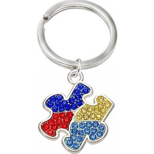 Rhinestone Crystal Awareness Autism Puzzle Pieces Pendants Keychains Key Holder For Gifts