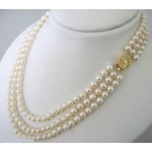 Jewelry Pearl Necklace 3 Rows 7-8mm White Akoya Cultured Pearls Necklace 17-19" Free Shipping