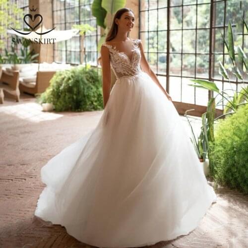 Beach Appliques Lace Wedding Dress 2021 Sweetheart Princess A-Line Bridal Gown SwanSarah I206 Tulle Illusion Vestido De Noiva