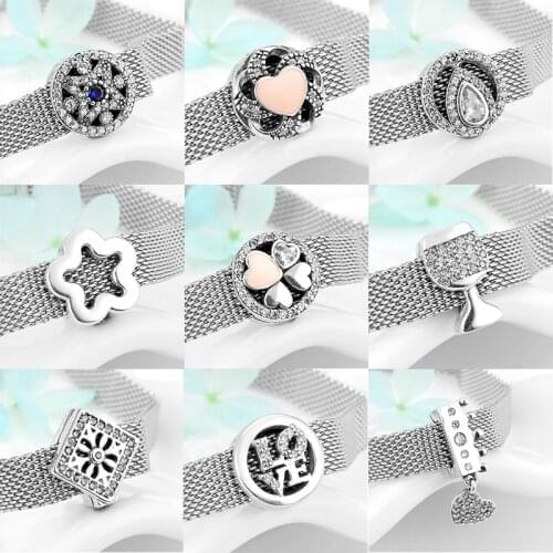 Square charms 925 Sterling Silver clips beads Fit Original Bracelet reflection Charm Jewelry making