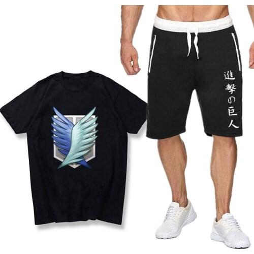 Summer Fashion Leisure Mens Set Tracksuit Japanese anime Attack on Titan T Suits Sweatsuit Short Sleeves T shirt 2 piece set