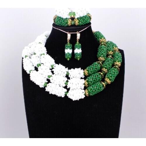 Dudo Green and White Parure Bijoux 3 Layers Big Design Turkish Jewelry White and Green Handmade 3 Layers Bridal Jewellery Set