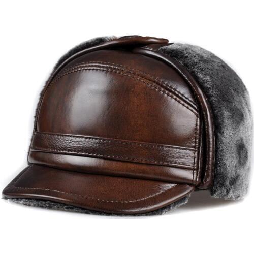 New winter leather cap mens leather cap in the elderly Leather Hat Lei Feng hat warm with fur caps