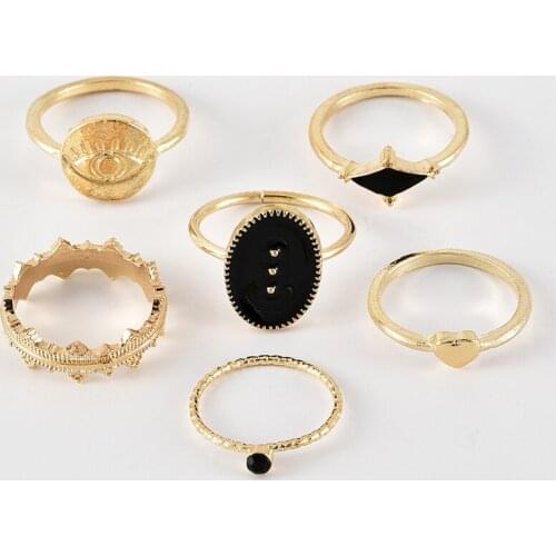 New Fashion 6pcs/set Minimalist Geometric Heart Rings for Women Evil Eye Chic Black Crystal Midi Ring Set Wholesale