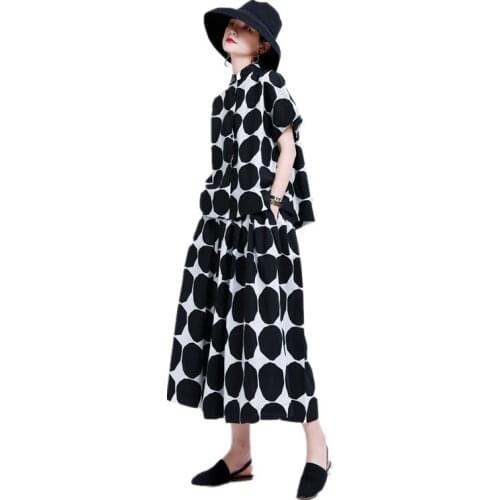 Dark Style Girls Black Dot Ankle-length Dress Womens Dresses Top and Skirt 2-piece Design