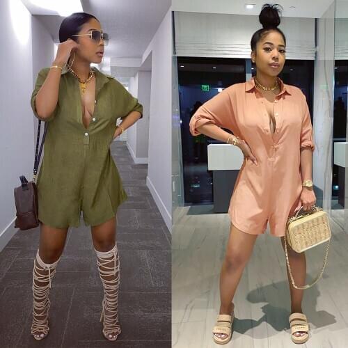Sexy lady Shirt Lapel Solid Color Loose Jumpsuit pants slim fit women clothes plus size green pink