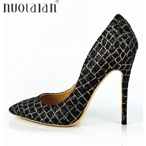 Black Women Pumps Sequined Shoes Woman Pointed Toe High Heels Shoes Luxury Designer Wedding Shoes Sexy Stiletto High Heels