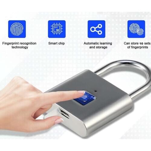 Keyless USB Rechargeable Door Lock Fingerprint Smart Padlock Quick Unlock Zinc alloy Metal Self Developing Chip