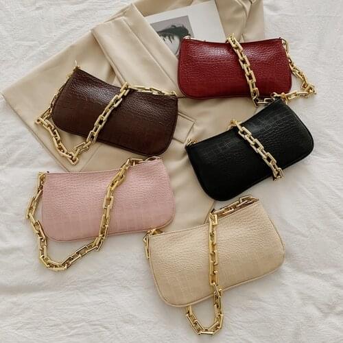 Vintage Zipper Alligator Pattern Underarm Shoulder Bags Women Casual PU Leather Pure Color Thick Chain Handbag Purse