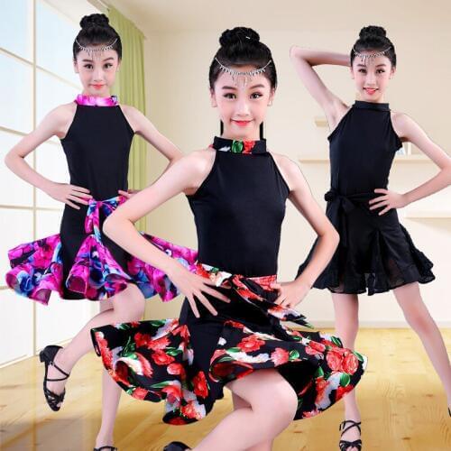 Printing Latin Dance Skirt for Girls Kid Lace Ballroom Rumba Qia Qia Latin Dance Dress Suit Child Sleeveless Leotards with Skirt