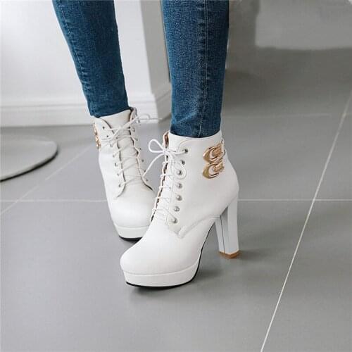 YMECHIC Winter Fashion Wedding Bride Lace Up High Heels Womens Shoes Party Buckle Strap Platform Pink Black Combat Ankle Boots