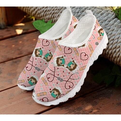 ELVISWORDS Autumn Flats Women Shoes Cute Nurse Pink Comfortable Breathable Mesh Ladies Walking Slip-on Shoes Loafers Zapatos