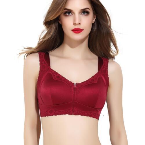 Women Wireless Pad Bra Wide Straps Push Up Bras Hook Zip Front Closure Cotton Bras Lace Plus Size 3XL M Purple Seamless Bra