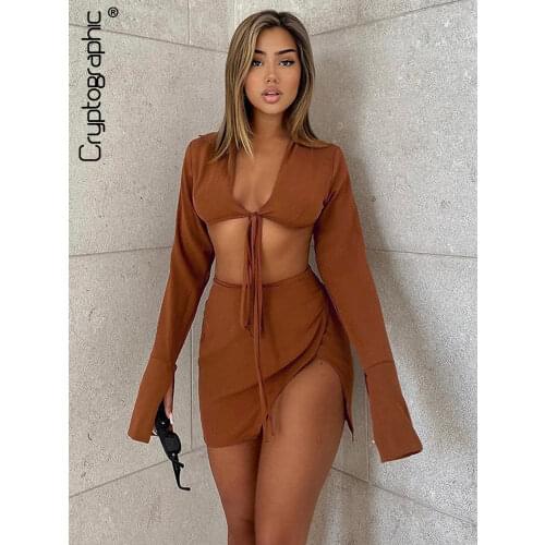 Cryptographic Brown Sexy Tie Front Top and Skirt Sets Women Fashion Outfits Fall Matching Set Split Skirt Club Party Clothes