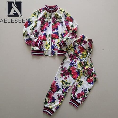 AELESEEN Women Casual Sport Sets Runway Fashion Spring Autunn Striped Flower Print Jacket+Full-Length Pants 2 Pieces Sets
