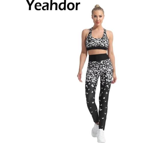 Women Running Yoga Fitness Sportswear Suit U Neck Shoulder Straps Racer Back Removable Pads Sport Bra Top High Waist Pants Set