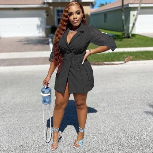 Women Casual Long Suit Jacket Double-Breasted Turn Down Collar Sheer Mesh Half Sleeve Patchwork Bright Line Deco Blazer Dress