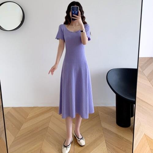 2021 Summer Ice Silk Knitted Short T-shirt Dresses for Women Female Long Slim-fitting Wooden Ears Clavicle A-line Waist Dress