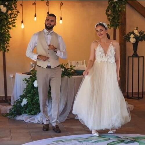 Sweet Ivory Flower Tulle Formal Party Dresses Women A-line Ankle Length A-line Prom Gowns V-neck Robe De Soiree