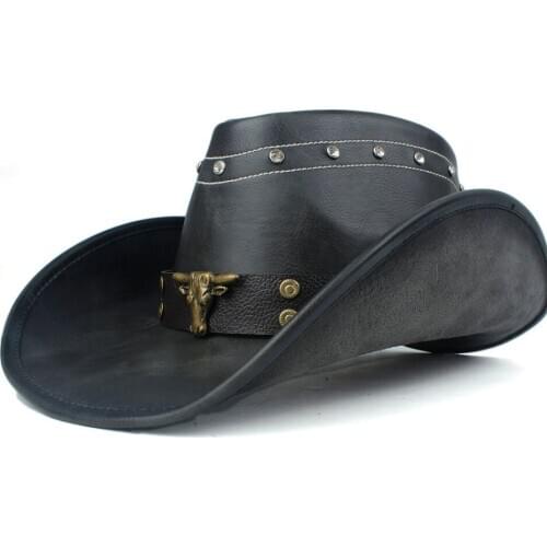 100% Leather Men Women Black Western Cowboy Hat Wide Brim Hat Outdoor Sombrero Hombre Cowgirl Hat