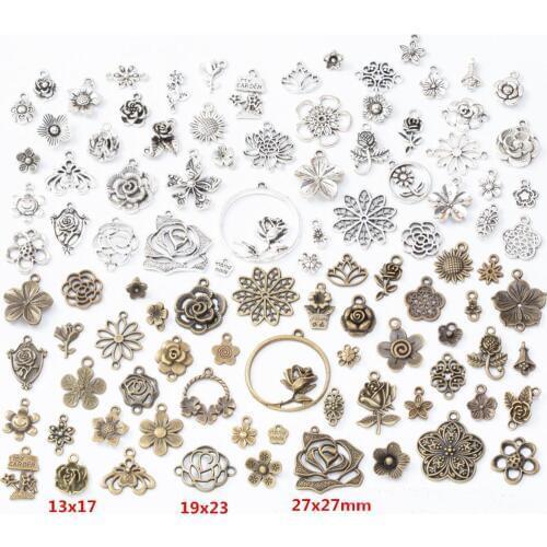 100pcs/lot Mixed size and color Rose Flower Charms Antique Bronze Retro style Rose Sunflower flower Pendant for jewelry making