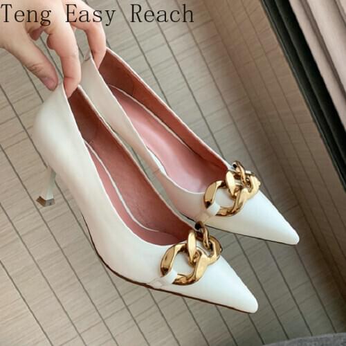 2021 Chic Genuine Natural Leather Fashion Womans Party Office Shoes Thin High Heels Sexy Woman Stilettos With Metal Chain