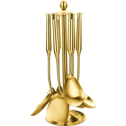 HOT 7Pcs Gold Stainless Steel Soup Spoons Shovel With Rack Cookware Kitchen Utensils Cooking Tools Home Kitchen Accessories