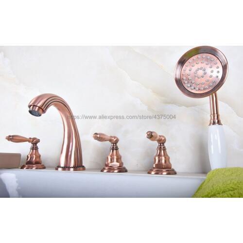 Antique Red Copper Bathtub Faucet 5 Hole Bathroom Faucet Set Rainfall Shower Hand Basin Hot Cold Mixer Tap Ntf184