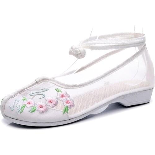 Summer Ladies Soft Gauze Hanfu Ballet Flats Ankle Strap Vintage Women Casual Superb Light Ballerinas Flat Shoes Breathable