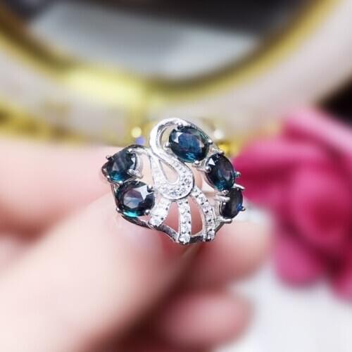 Per jewelry Natural real sapphire luxury big ring Free shipping 0.55ct*5pcs gemstone 925 sterling silver Fine jewelry T2041520
