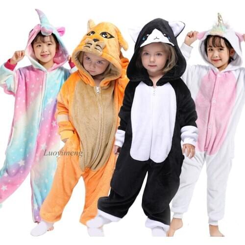 Children Flannel Animal Pajamas Set Kids Winter Nightwear Baby Infant Hooded Cartoon Unicorn Pajamas Boys Girls Sleepwear Onesie