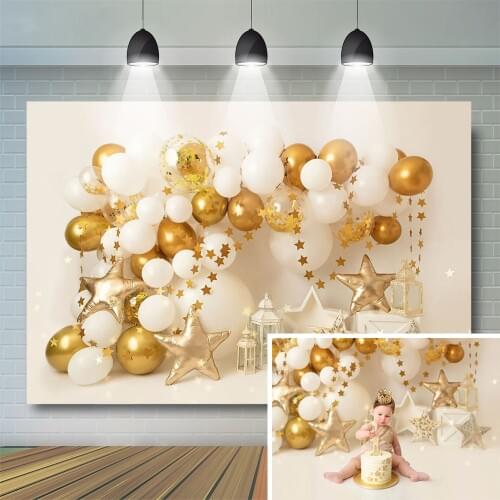 Gold Balloon Kids 1st Birthday Photography Backdrop Cake Smash Gold Stars Props Child Photo Background Curtain Baby Photostudio