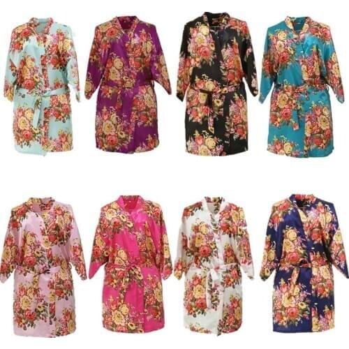 Wholesale Women Floral Satin Silk Kimono Robe Short Bathrobe Bride and Bridesmaid Sleepwear Nightgown T28
