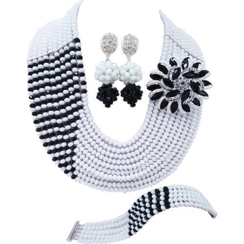 ACZUV White and Black African Jewelry Set Nigerian Beads Wedding Bridal Party Jewelry Sets 10C-JZ006